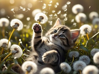 Kitten playing dandelions sunset field.