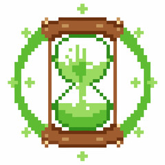 Pixel art hourglass with green sand, surrounded by geometric digital symbols retro timer, countdown, technology concept