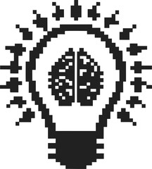 Pixel art lightbulb with brain inside, creative idea innovation, digital intelligence concept symbol in black and white