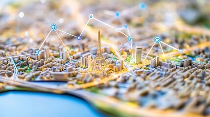 Illuminated cityscape model, network connections, data visualization, urban planning