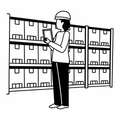 Minimalist line art of a person checking warehouse shelves or product stock, using tablet, surrounded by boxes and barcodes, outline style