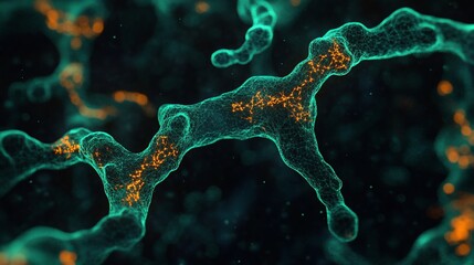 Microscopic turquoise network, glowing orange particles, dark background, scientific visualization