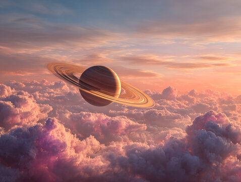Stunning view of a gas giant planet with rings floating above colorful cloud formations at sunset