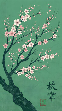 japanese cherry blossom, japanese art cherry tree, Blossoming Cherry Tree Artwork, art wall art