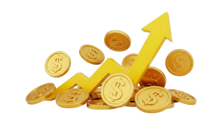 Golden dollar coins and a rising yellow arrow illustrate financial growth and investment success.