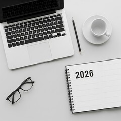 AI Generation Modern workplace without people Office notebook 2026 Desktop at home Laptop Cup of coffee or tea Pen Small plant