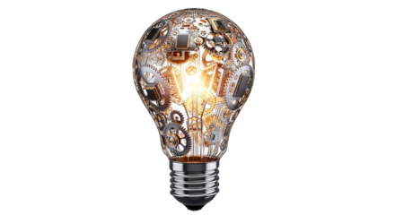 Conceptual lightbulb filled with intricate gears, circuits, and glowing filaments on black backdrop.