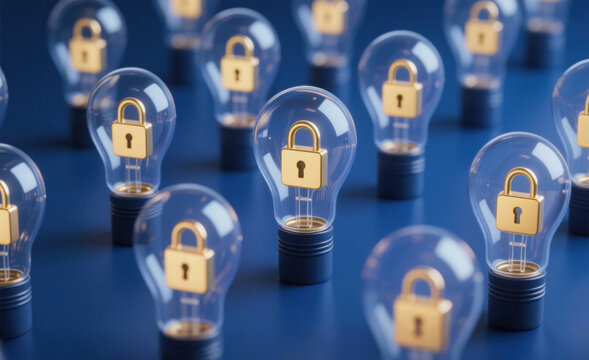 Transparent Bulbs with Golden Locks on Dark Blue Background - Symbolizing Security and Creativity in Modern Minimalist Design