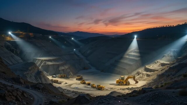 A mine illuminated by powerful spotlights at sunset, showing off multi-story excavations and heavy machinery. 4k video