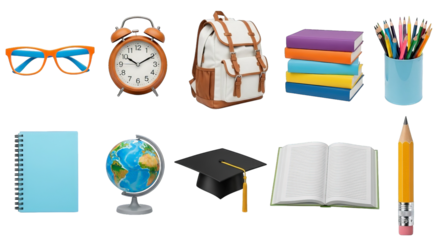 A collection of colorful school supplies are placed on a table ready for back-to-school needs.