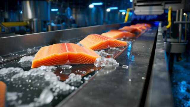Fresh salmon fish fillet ice conveyor belt seafood processing factory with blue industrial background and fresh fish pieces cold