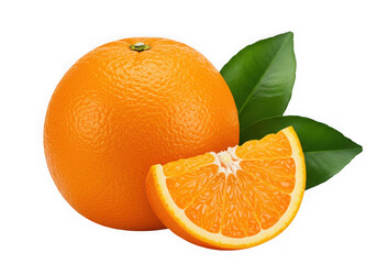 Ai generated image of an orange with a slice and leaves isolated on transparent background