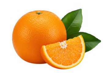 Ai generated image of an orange with a slice and leaves isolated on transparent background