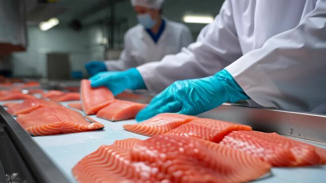 Salmon fillet on conveyor belt in seafood processing factory with fresh fillet pieces inspected by workers in protective clothing