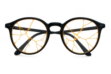 Broken eyeglasses with cracked lenses on a transparent background