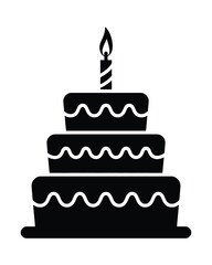Simple black silhouette of a three tiered birthday cake with a candle