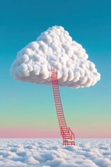 A whimsical stairway reaching into a fluffy cloud against a colorful sky.