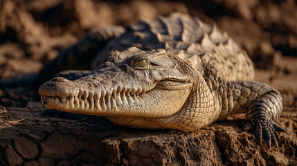 Fototapeta premium A crocodile resting by the Nile River bank, surrounded by natural vegetation and calm water, showcasing the wild beauty of African wildlife in its natural habitat.