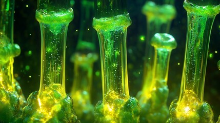 Glowing green bioluminescent tubes, abstract background, digital art, science fiction