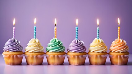 Six Colorful Cupcakes with Candles on Purple Background