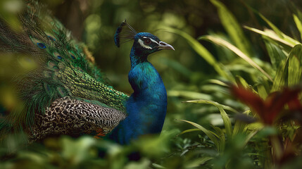 Obraz premium A vibrant peacock displaying its colorful feathers in full fan, showcasing intricate patterns and vivid blues and greens, set against a natural outdoor background.