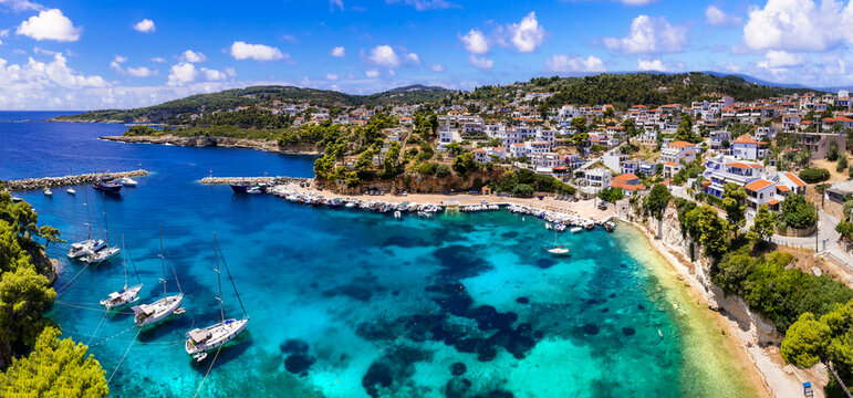 Idyllic Greek islands - Alonissos, Sporades. Charming village Votsi with beautiful bay and beach popular port for sailboats. Greece travel