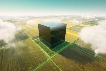 A futuristic black cube structure stands in the middle of a vibrant agricultural landscape.