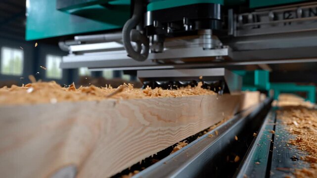 Woodworking machine shaping wooden plank with fresh wood shavings flying in bright industrial carpentry workshop natural light