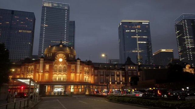 July 12, 2025. Chiyoda-ku, Tokyo, Japan.Fantastic Tokyo Station Marunouchi Station Square at night. (PAN shot)