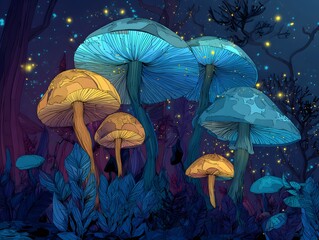 Fototapeta premium Magical Mushrooms in a Fairy Forest: Captivating close-up of enchanting, luminous mushroom and plants of an enchanted forest, exuding an ethereal and fantastical ambiance.