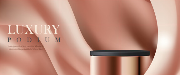 3D Luxury cosmetic podium with rose gold fabric background for advertising skincare brand, beauty ads, product display mockup, elegant website, discount promotion sale, wellness campaign. vector