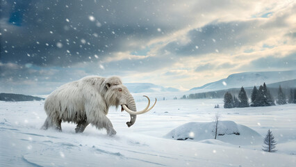 Naklejka premium Prehistoric Mammoth in a Snowy Landscape