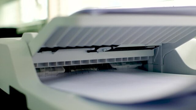 Close up of a modern laser printer with white paper tray, ready for printing in a bright office environment. Ideal for business, document, or technology concepts.