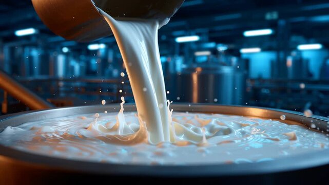 Fresh milk pouring into large metal container with splash, creamy liquid motion in dairy factory industrial environment