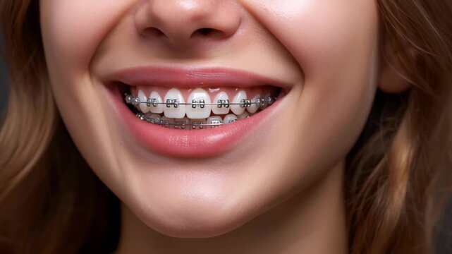Young woman smile with metal braces teeth showing dental orthodontics, healthy lips and clear skin close up, teeth care