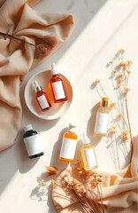 Elegant natural skincare display with modern cosmetic bottles on textured stone, complemented by linen fabric, dried plants, and soft warm lighting in a neutral, minimal setting.