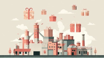 Fototapeta premium Industrial cityscape with floating gift boxes