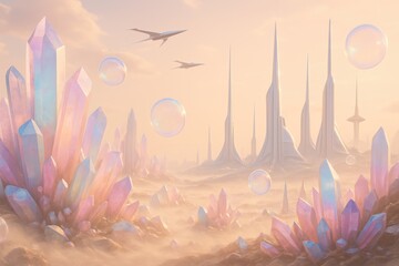 A surreal landscape featuring colorful crystals and futuristic structures under a dreamy sky.