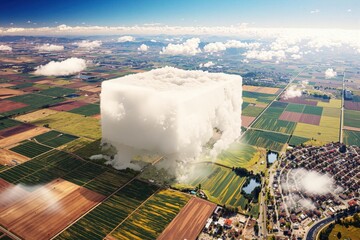 Aerial view of a surreal cloud formation resembling a giant cube over green fields.