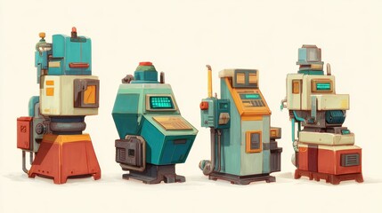 Colorful vintage machinery lineup showcasing various industrial machines in a neutral background
