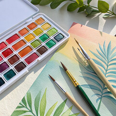 Watercolor Paint Set with Brushes and Tropical Leaf Artwork in Natural Light

