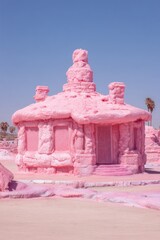 An artistic, pink salt house standing majestically under a clear blue sky.