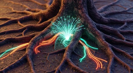 Illuminated Tree Roots with Glowing Electric Sparks in Dark Forest Scene