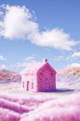 A whimsical pink house amidst colorful, fluffy landscapes under a bright blue sky.