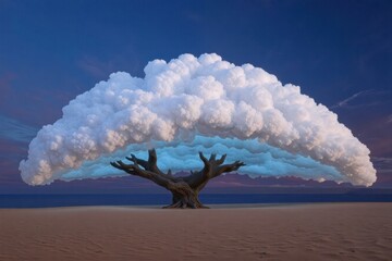 A surreal tree with fluffy cloud-like foliage against a colorful sunset.