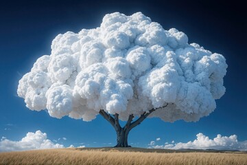 A surreal tree made of clouds against a vibrant blue sky, blending nature and imagination.