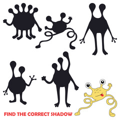 Education game for children to find matches. Cute vector illustration of cartoon monster. Find correct shadow