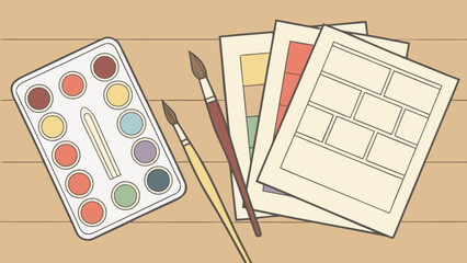 Watercolor painting art supplies illustration with paintbrushes and comic book panels for art class projects