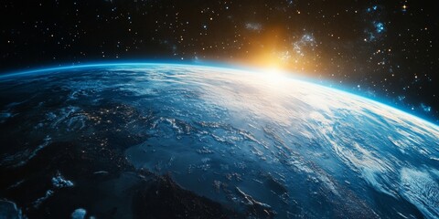 Fototapeta premium Stunning image of the Earth from space, with a sunrise or sunset glow highlighting its beauty and prominence in our solar system.