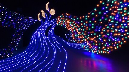 Nighttime LED light art installation, flowing design, dark background, event decor